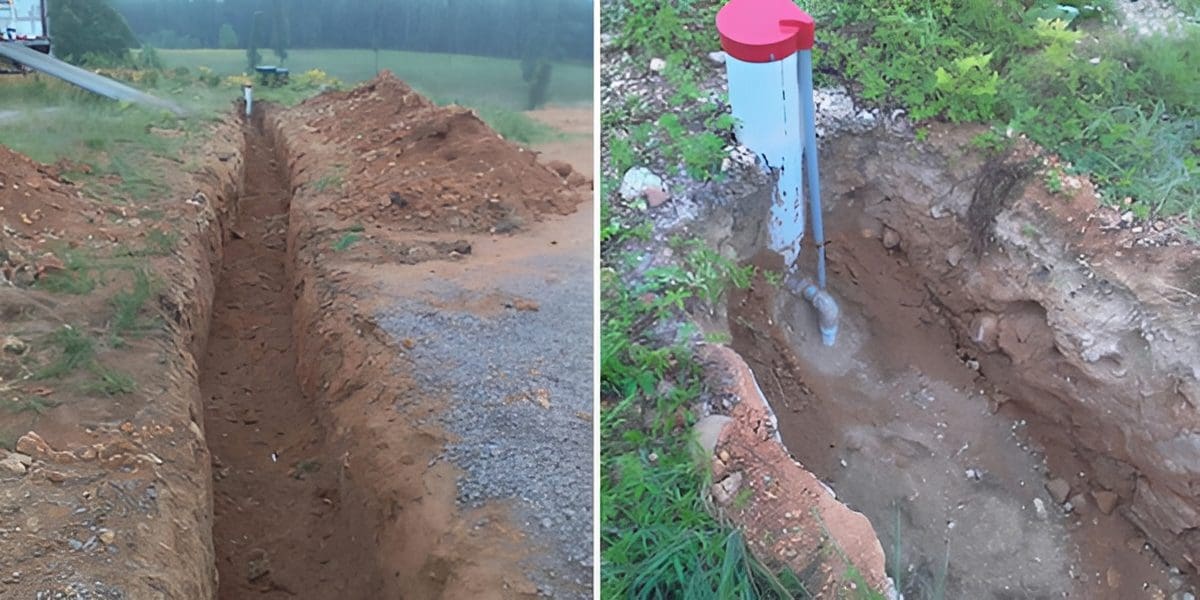 Dug trench with exposed pipe system